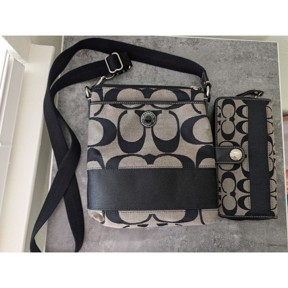 Coach Black & Khaki C Signature Crossbody Handbag with Bonus Wallet
